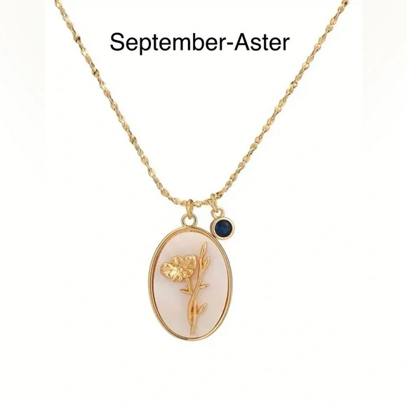 Birth Flower Necklace in  Oval White Shell Pendant - Picture 6 of 9